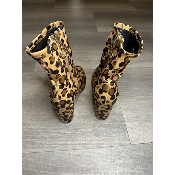 Disney X Aldo Step In Magic Leopard Chunky Heel Sock Bootie 9 Brown Mickey Boots - Picture 4 of 5